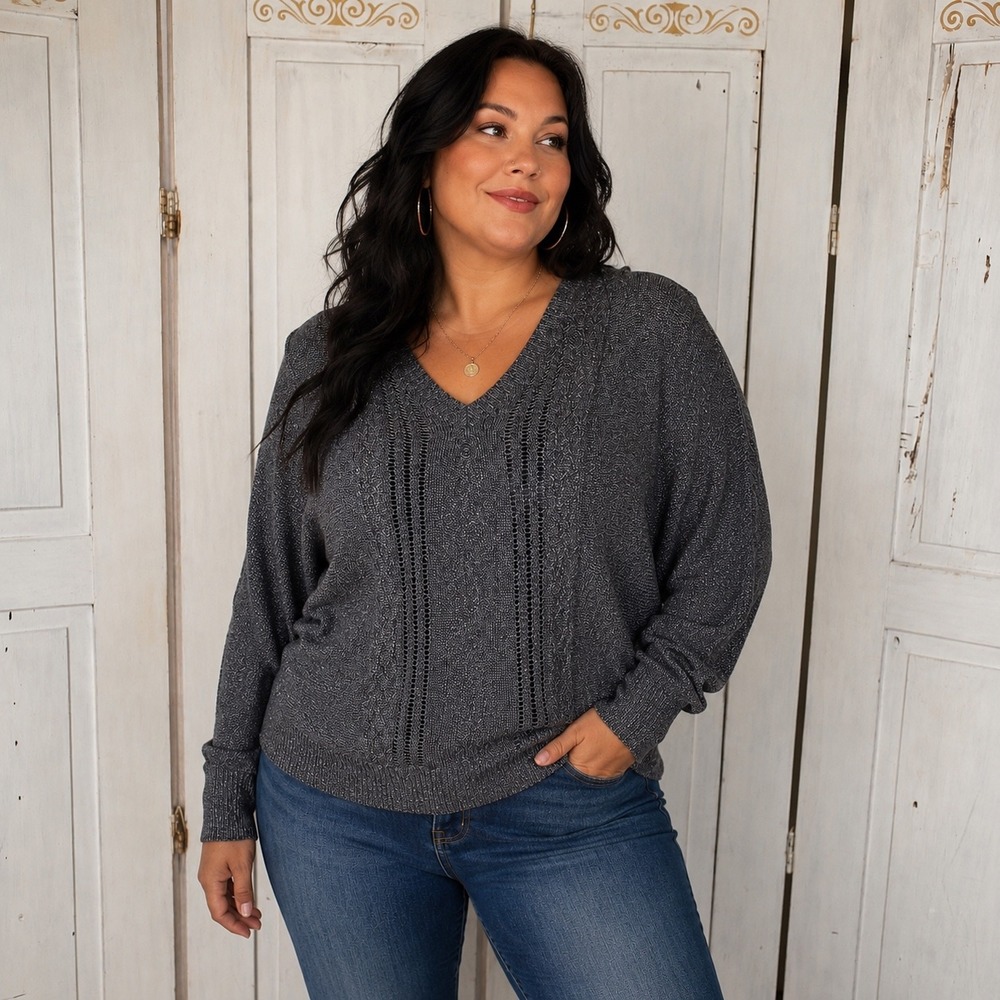 G by GUESS Women XL Grey Metallic V-Neck Dolman Sleeve Pointelle Knit Sweater